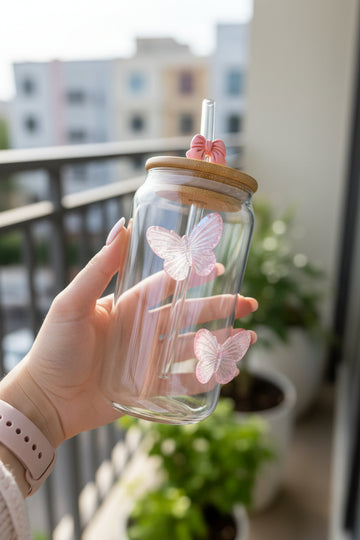 Generic Aesthetic Glass Tumbler with Straw – Pink Butterfly Design (550ml)