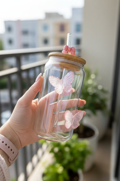 Generic Aesthetic Glass Tumbler with Straw – Pink Butterfly Design (550ml)