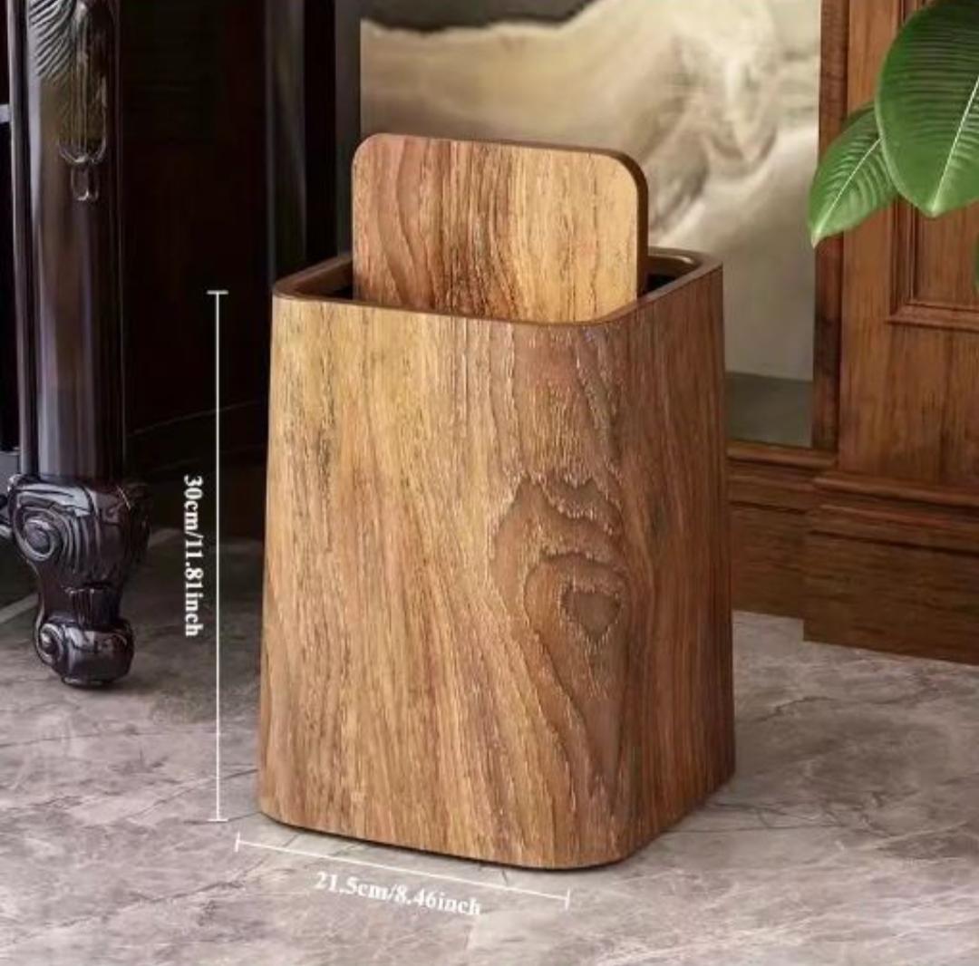 Modern Wood-Grain Swing-Lid Trash Can