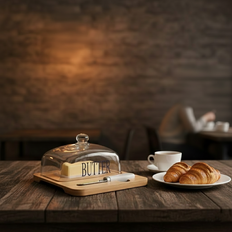 Glass Butter Dish with Bamboo Base & Knife - My Store