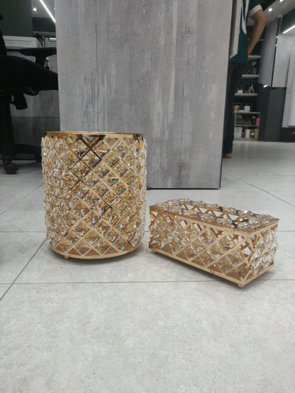 Luxury Golden Crystal Dustbin & Tissue Box Set | Elegant Home Décor