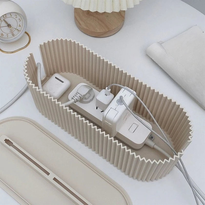 Modern Fluted Cable Management Box & Desk Organizer with Phone Holder