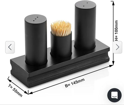 Modern Matte Black Marble Salt & Pepper Shaker Set with Toothpick Holder & Wooden Base