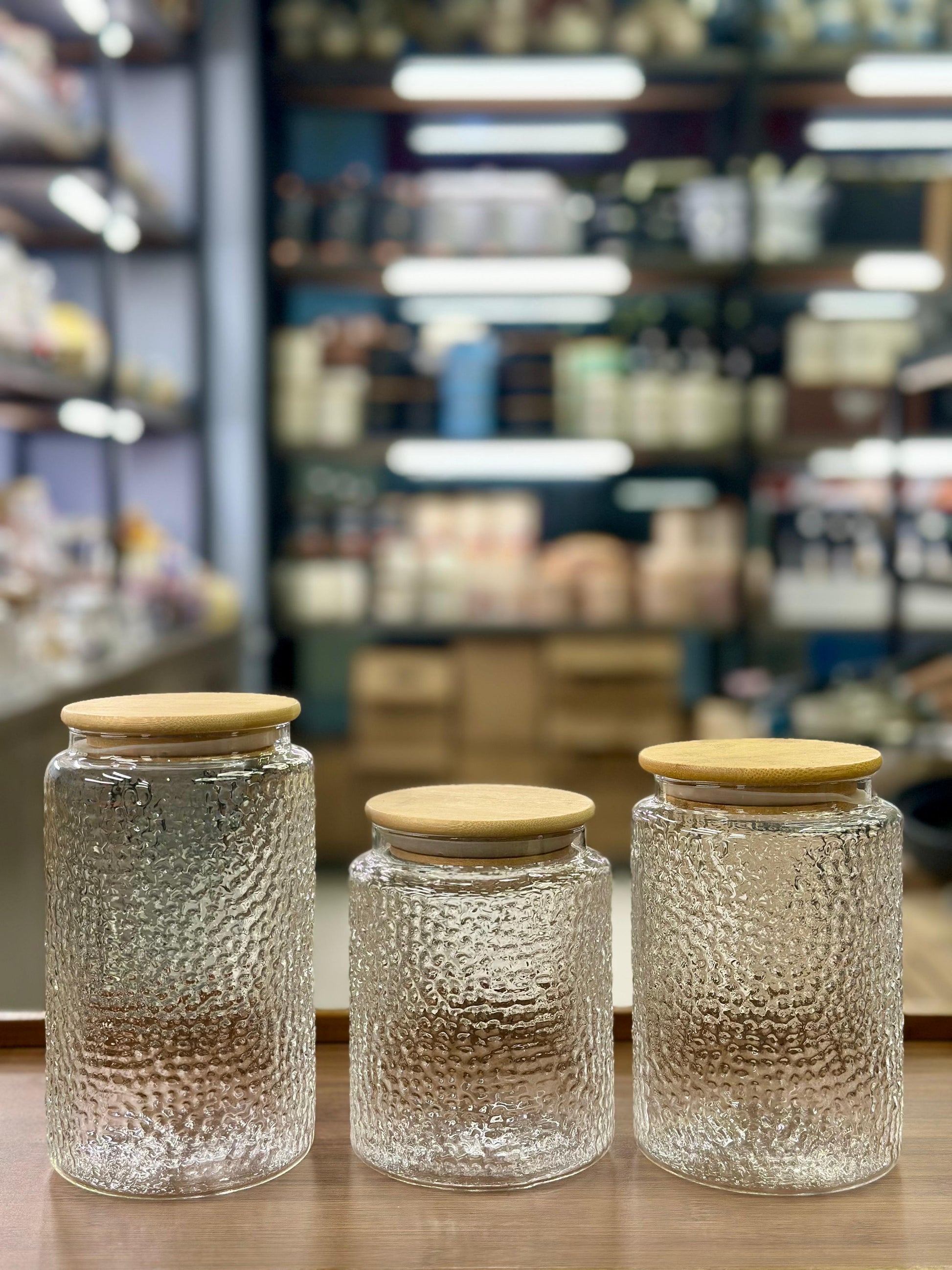 3-Piece Textured Glass Storage Jar Set with Bamboo Lids - My Store