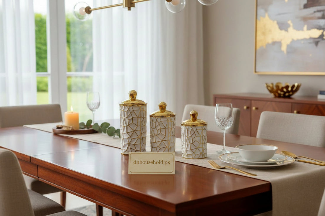 3 Pcs Geometric Luxury Airtight Jar Set – White & Gold - My Store