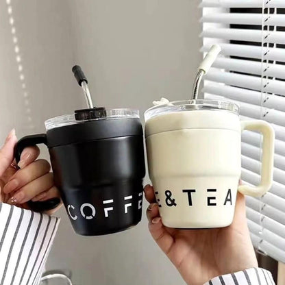 Korean Insulated Stainless Steel Coffe Mug With Straw, 460ml