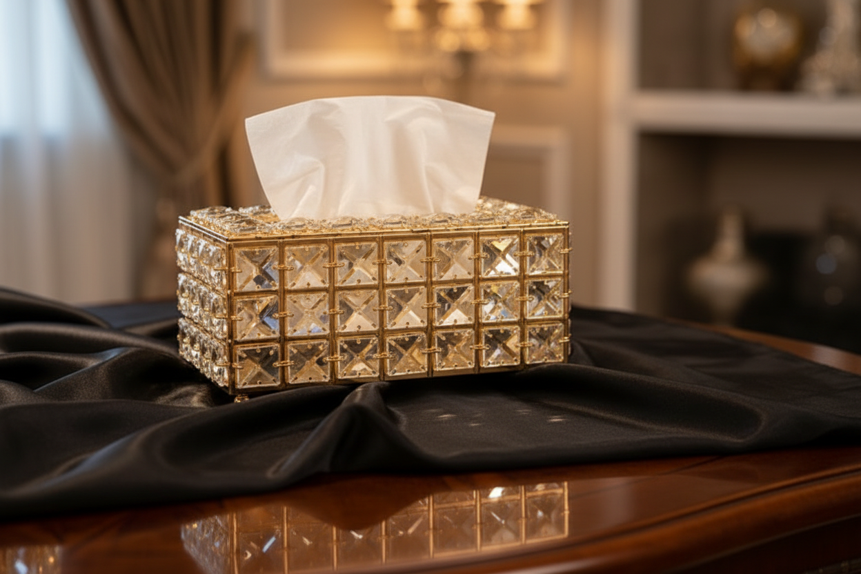 Luxury Crystal Tissue Box & Cylinder Storage Container Set – Gold Accent