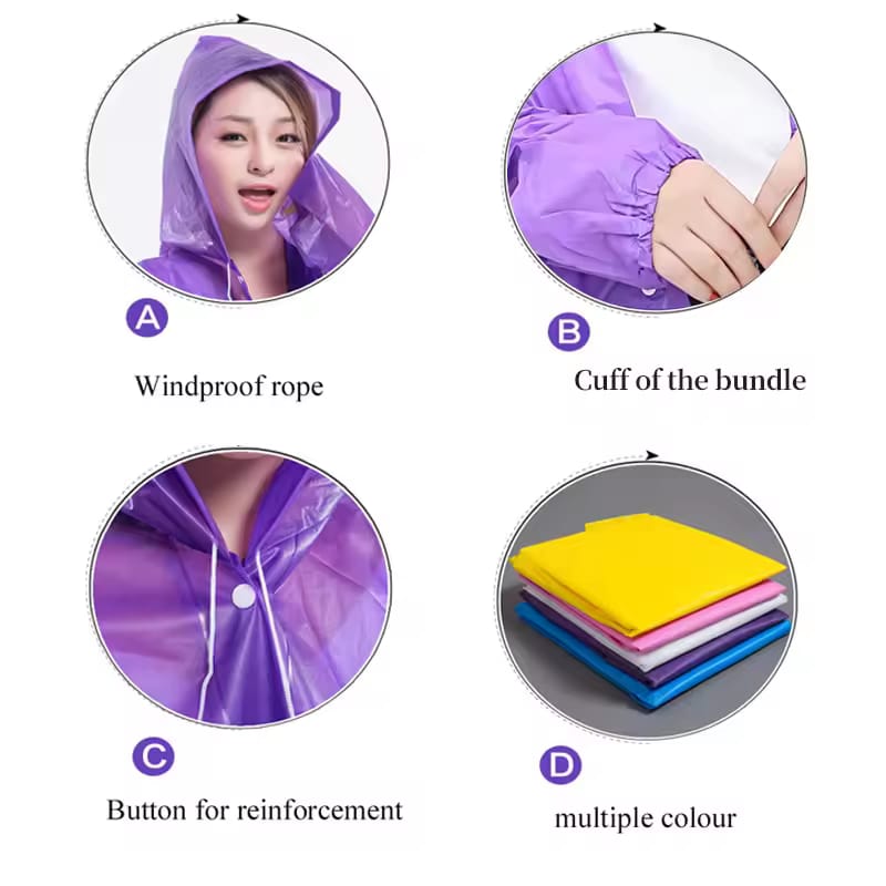 Unisex Lightweight Reusable Waterproof Pocket Raincoat with Hood & Drawstring