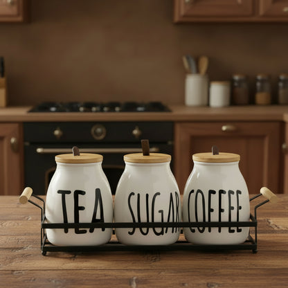 3-Piece Ceramic Tea, Sugar & Coffee Canister Set with Metal Rack & Wooden Lids