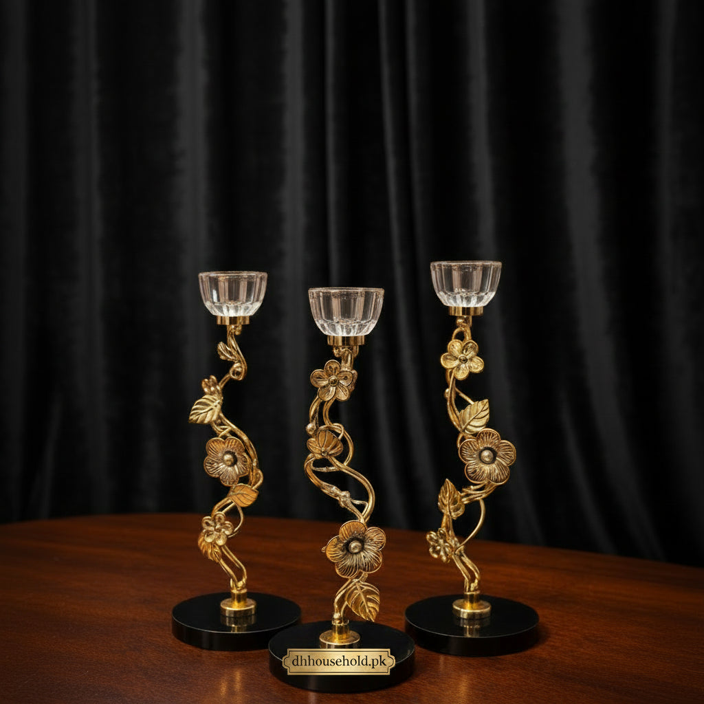Elegant Floral Metal & Glass Candle Stand Set (3 Pcs) - My Store