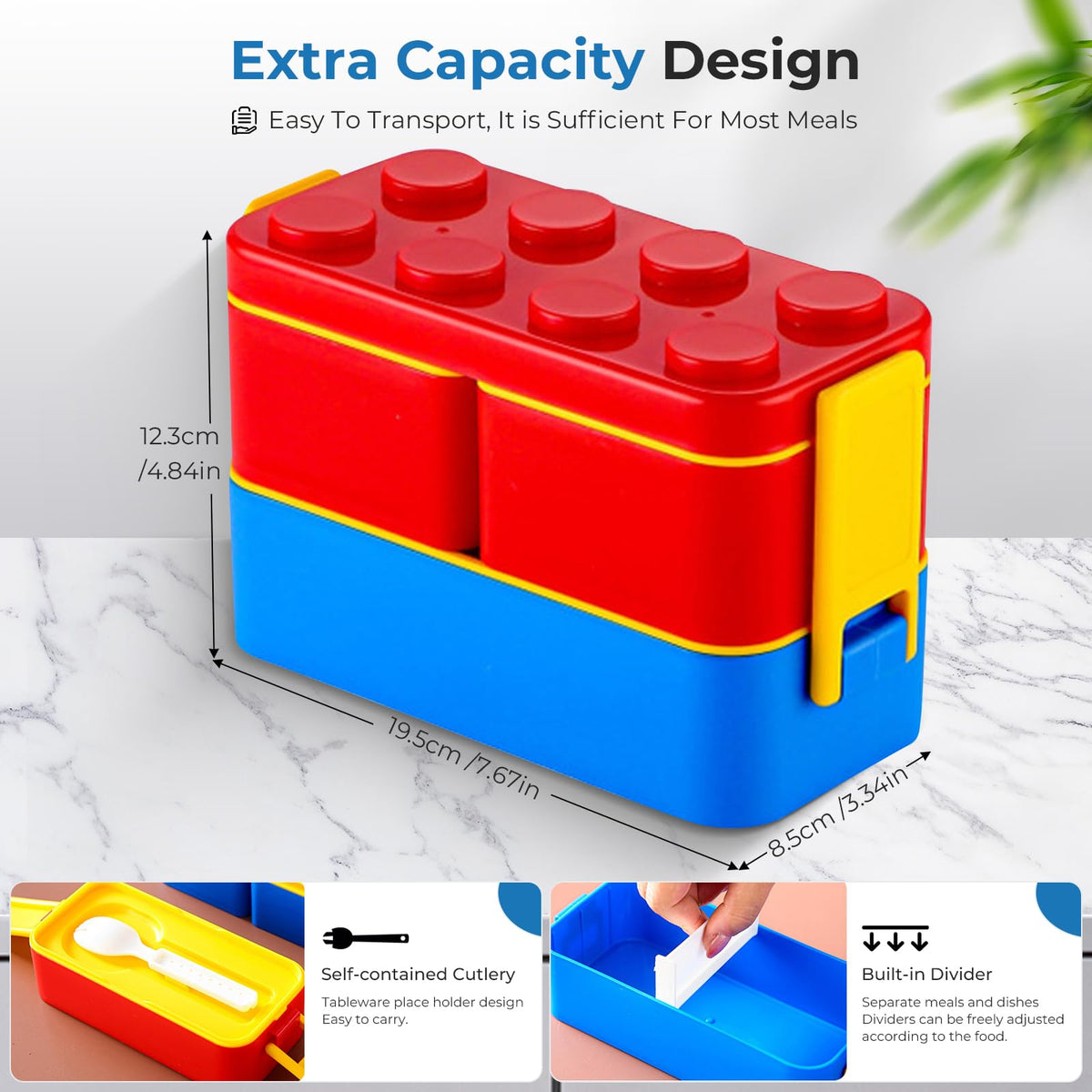 Double-Layer Building Block Kids Lunch Box – 1050ml with Cutlery & Compartments