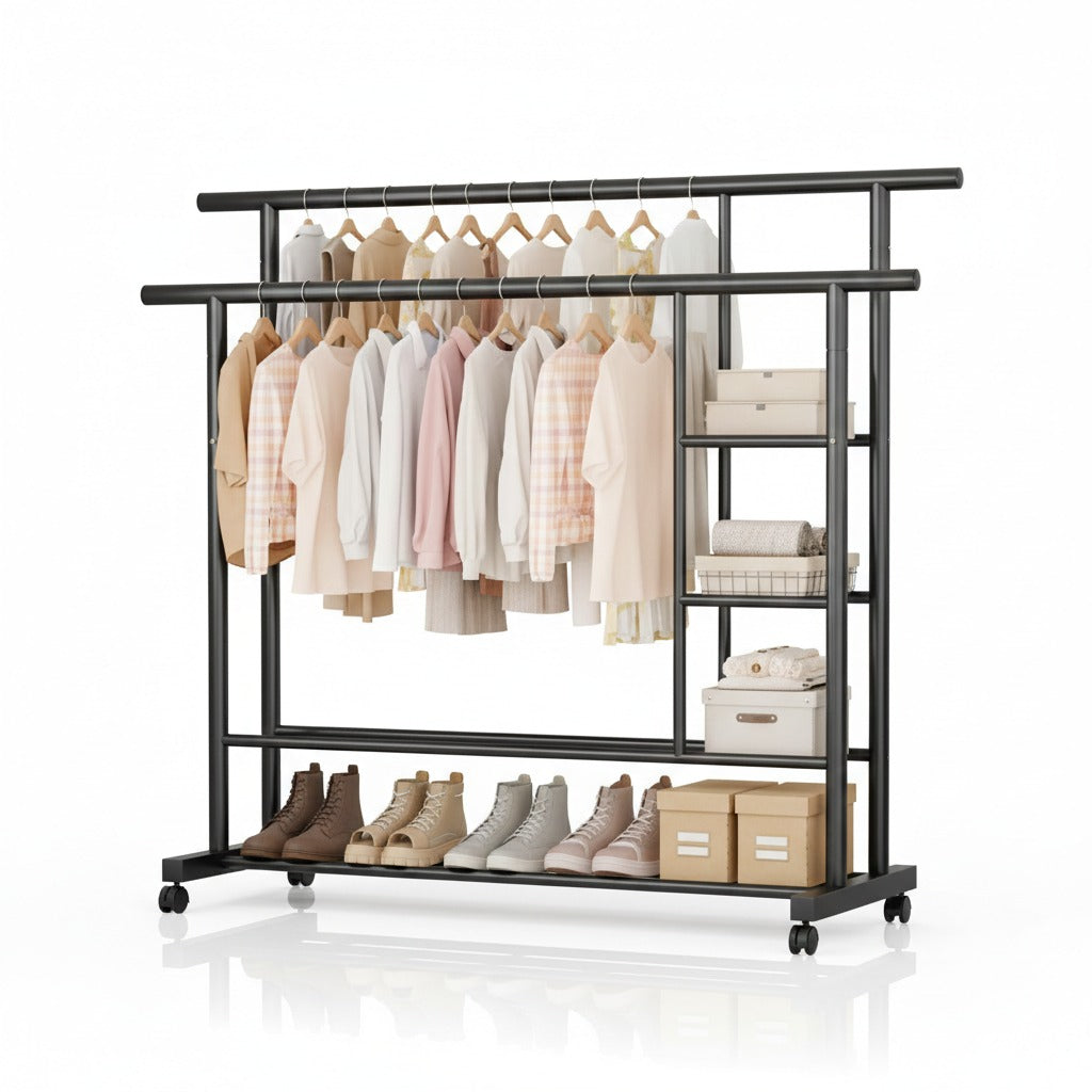 Multifunctional Double-Rod Rolling Garment Rack with Side Shelves - My Store