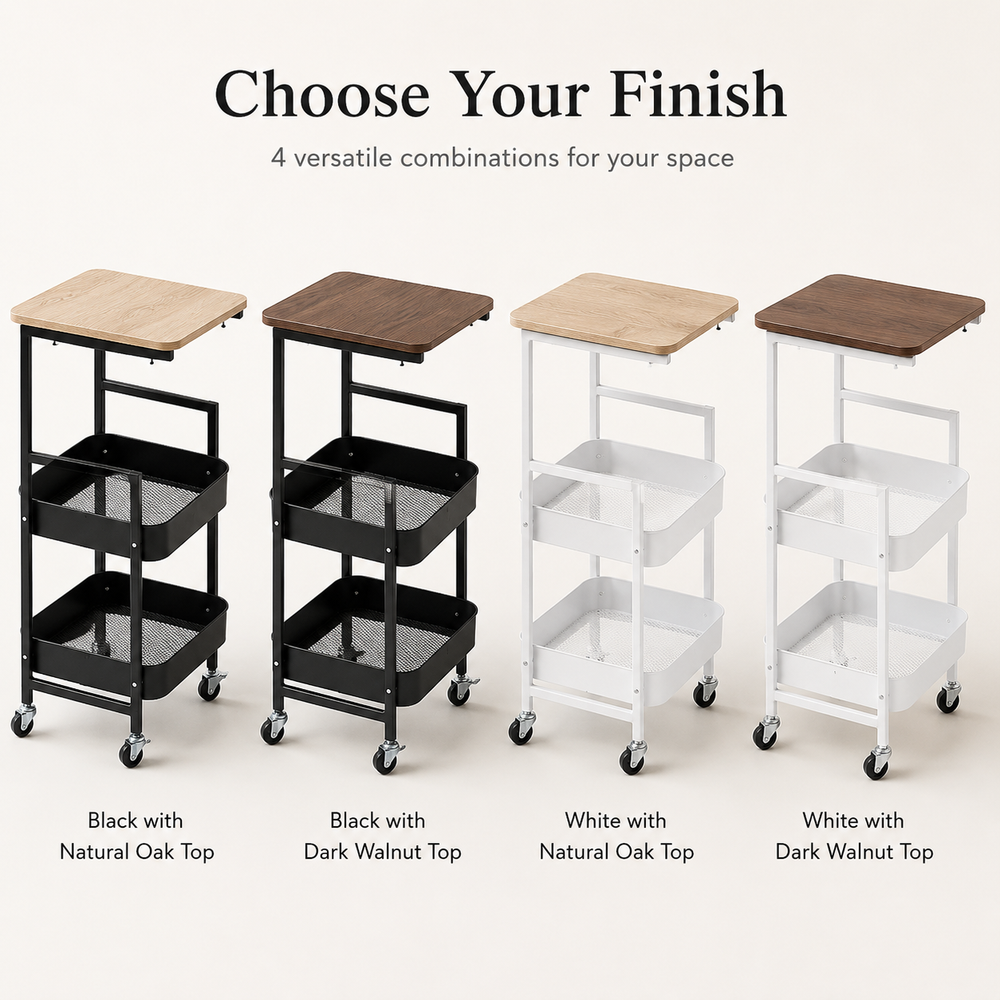3-Tier Rolling Utility Cart with MDF Wooden Top & Mesh Storage Baskets