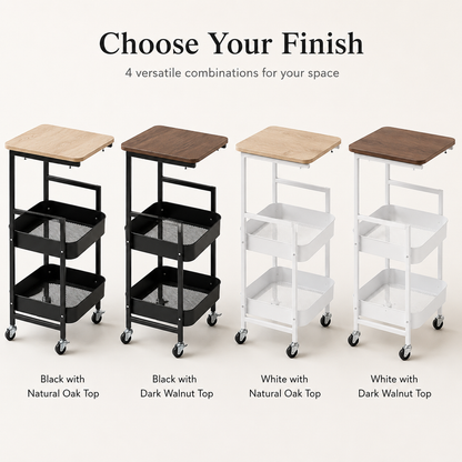 3-Tier Rolling Utility Cart with MDF Wooden Top & Mesh Storage Baskets