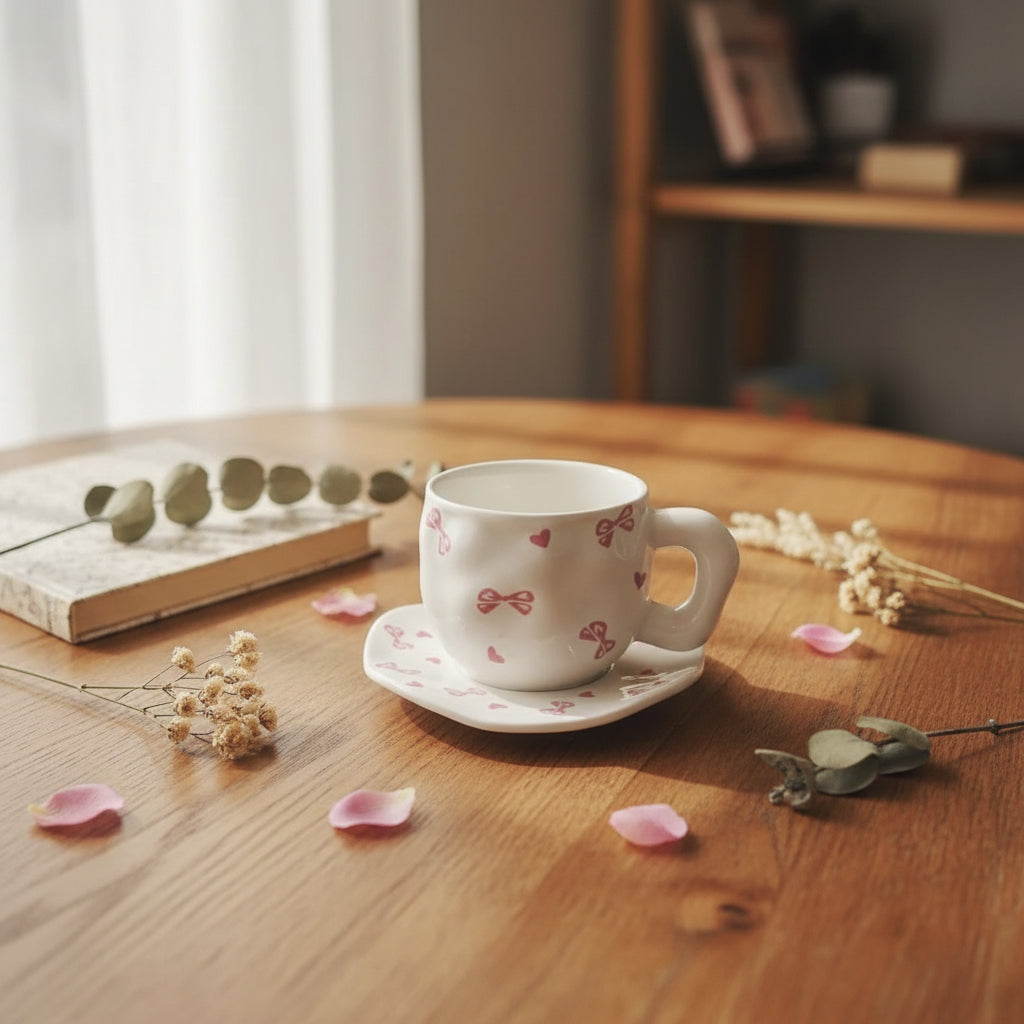 Vintage Floral & Bow Design Ceramic Tea Cup & Saucer Set