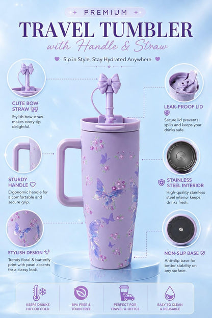 Sitarayuri™ Premium Lavender Butterfly Stainless Steel Travel Tumbler with Handle & Bow Straw