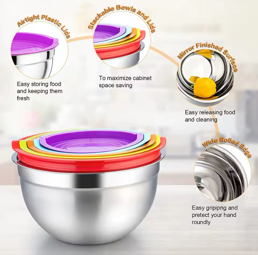 Set Of 5 Stainless Steel Mixing Bowl With Lid,
