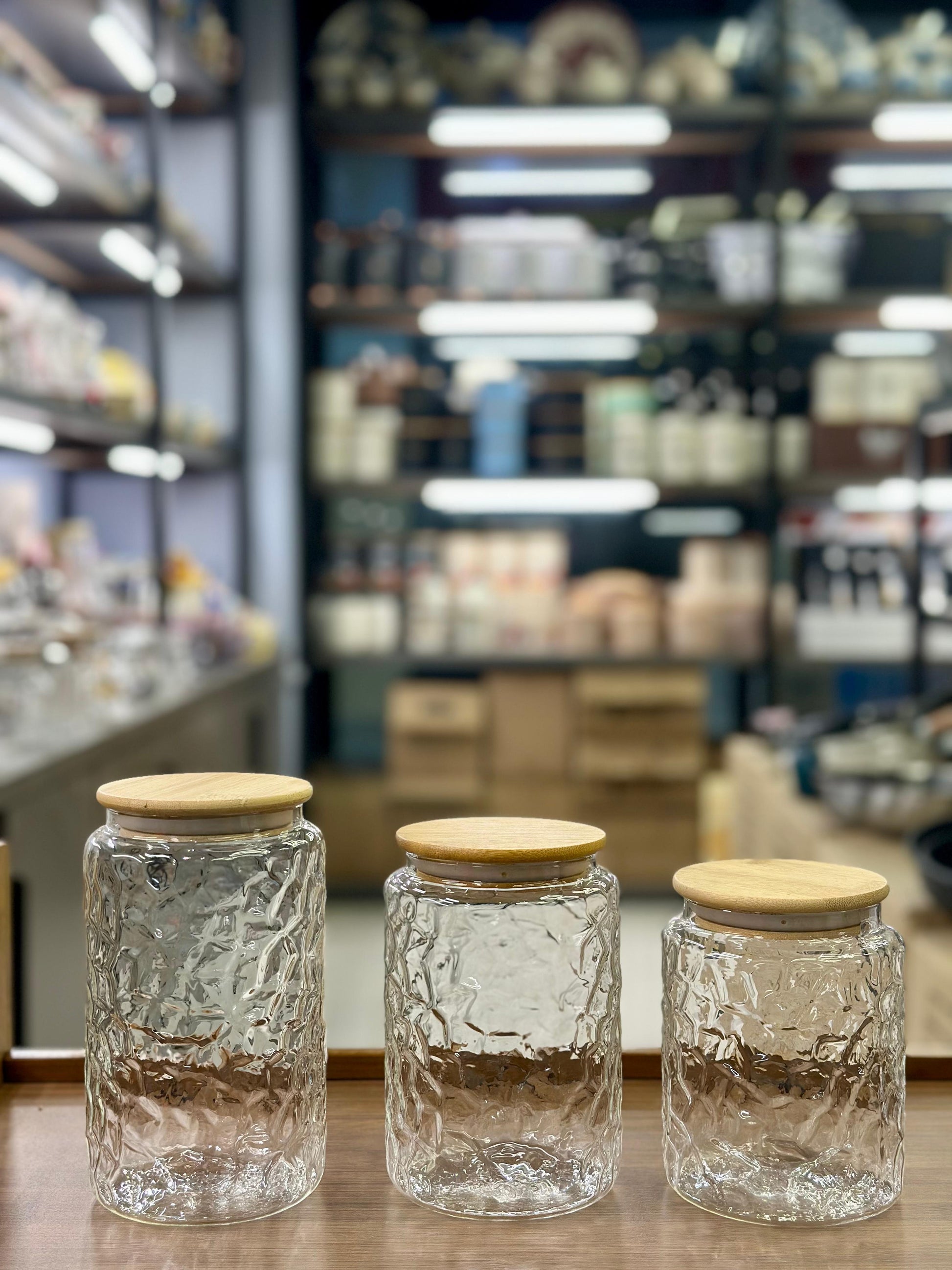 3-Piece Textured Glass Storage Jar Set with Bamboo Lids - My Store