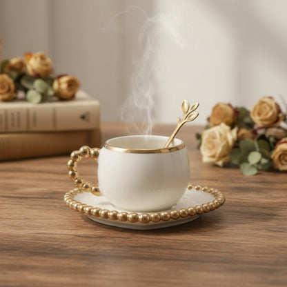 Luxury Gold-Beaded Ceramic Tea / Coffee Cup & Saucer Set