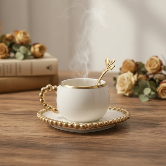 Luxury Gold-Beaded Ceramic Tea / Coffee Cup & Saucer Set