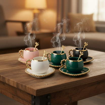 Luxury Gold-Beaded Ceramic Tea / Coffee Cup & Saucer Set