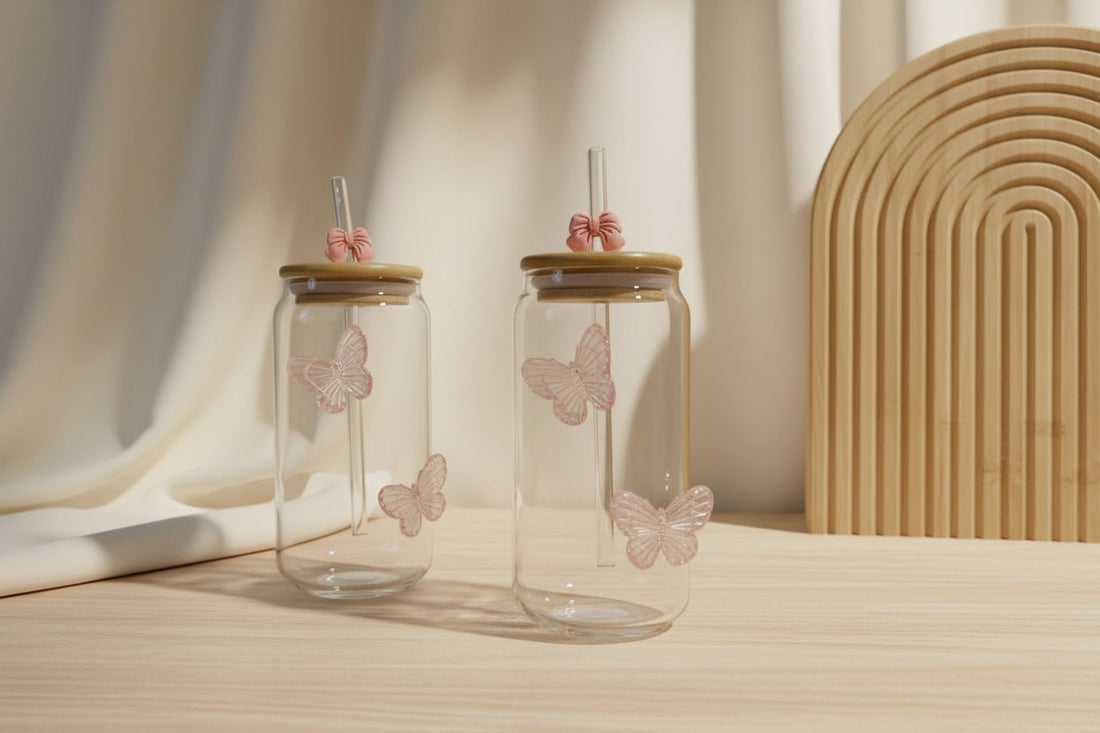 Generic Aesthetic Glass Tumbler with Straw – Pink Butterfly Design (550ml)