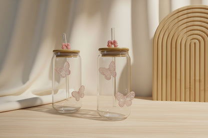 Generic Aesthetic Glass Tumbler with Straw – Pink Butterfly Design (550ml)