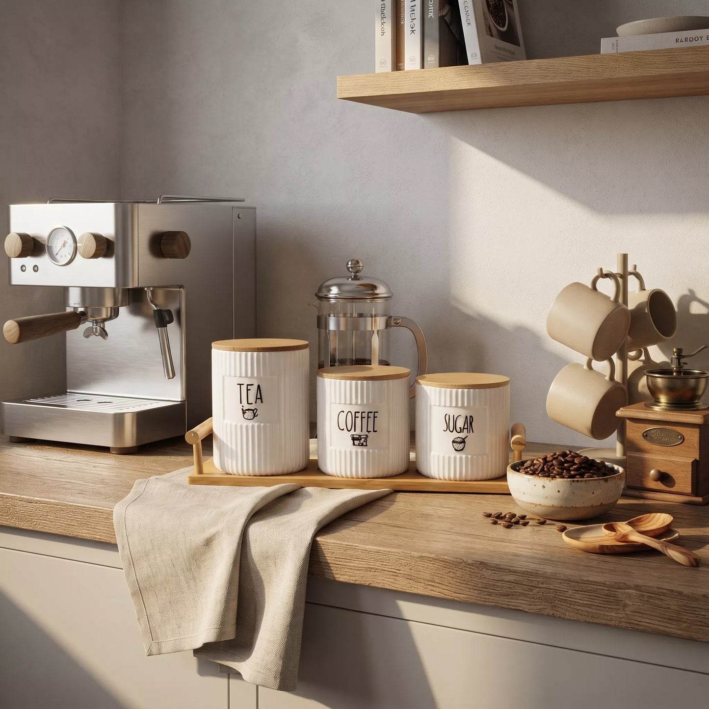 Ceramic Tea, Coffee & Sugar Canister Set with Bamboo Lids & Wooden Tray