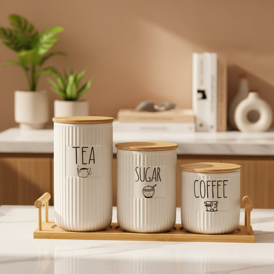 Ceramic Tea, Coffee & Sugar Canister Set with Bamboo Lids & Wooden Tray