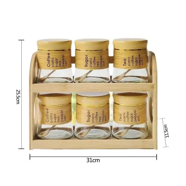 6-Piece Glass Spice & Condiment Jar Set with Wooden Rack