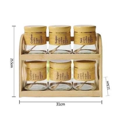 6-Piece Glass Spice & Condiment Jar Set with Wooden Rack