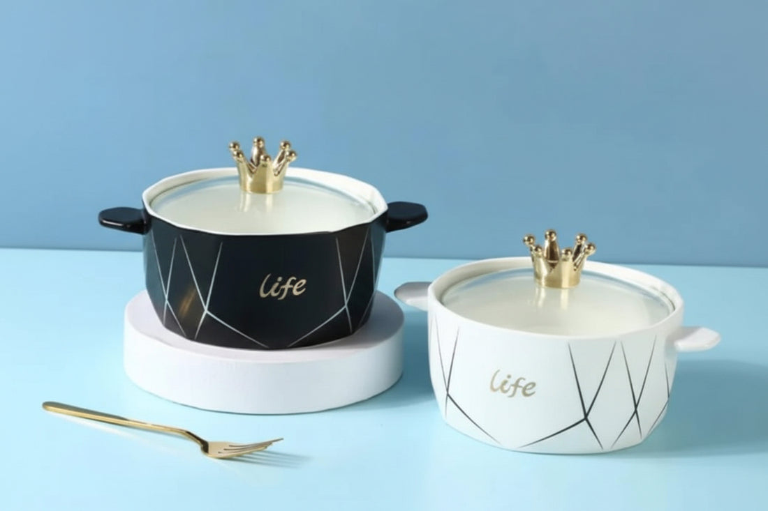 Elegant Ceramic Bowl with Crown Glass Lid – 1200ml