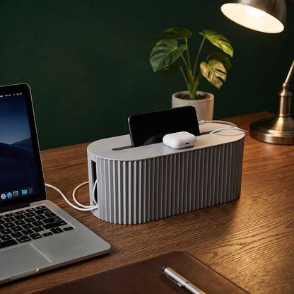 Modern Fluted Cable Management Box & Desk Organizer with Phone Holder