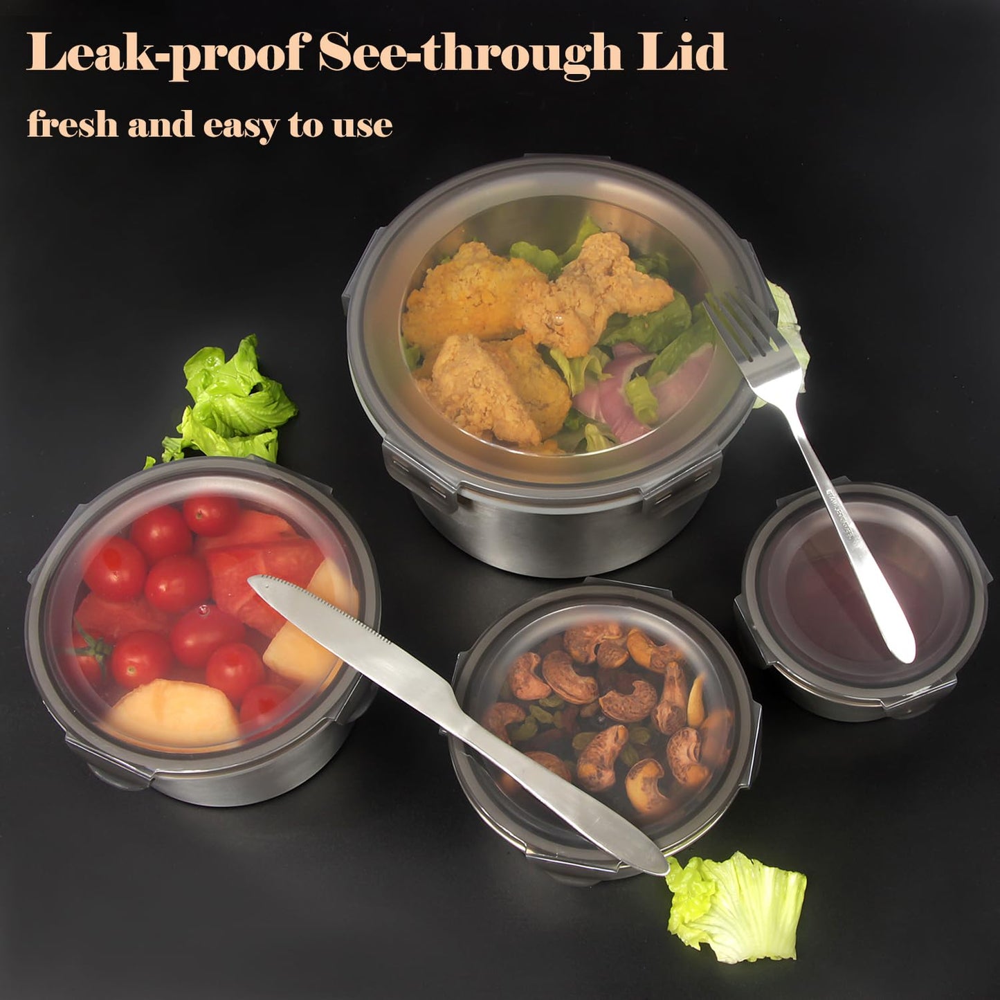 4 pcs  Airtight Stainless Steel Food Container & Storage Bowl Set with Lock Lids