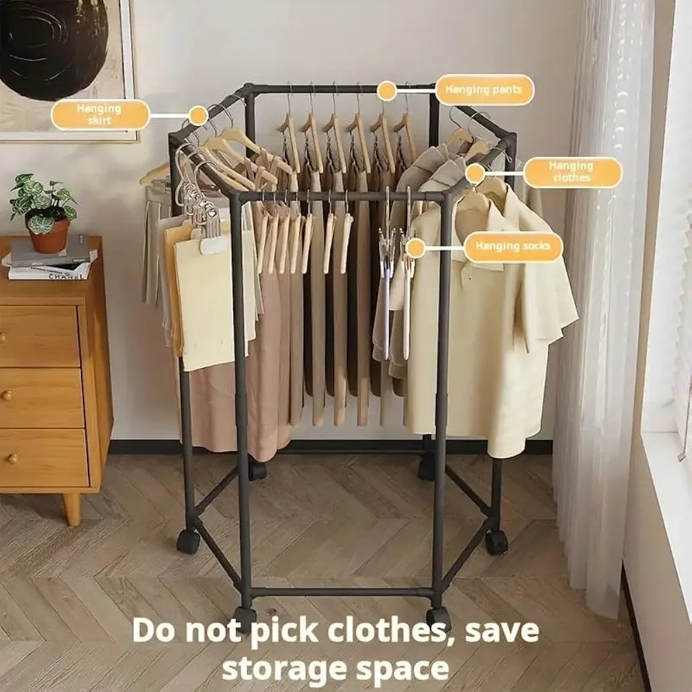 Hexagonal 360° Rotating Clothes Rack with Wheels
