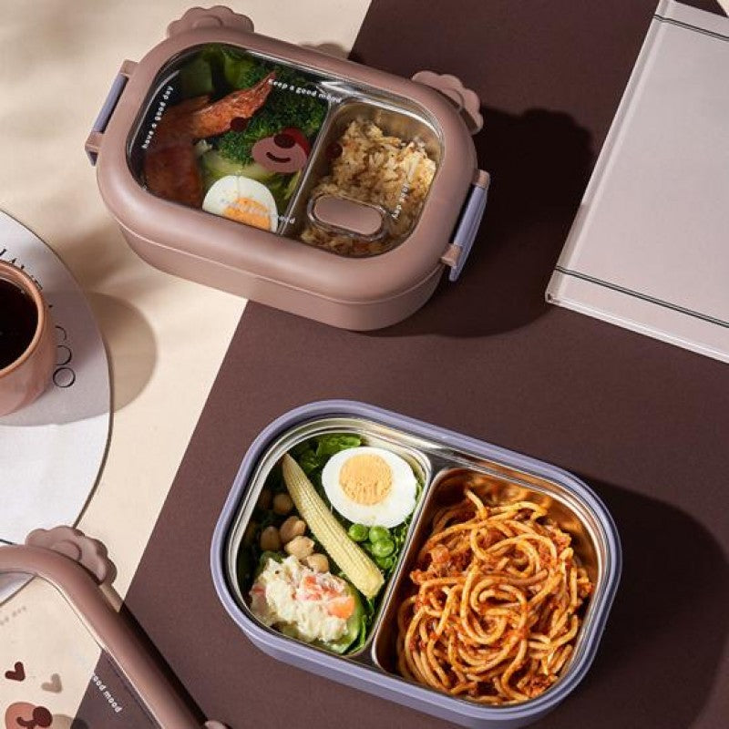 Stainless Steel Children Bento Lunch Box, Bear Cartoon Lunch Box Container Double Sided Lock Design