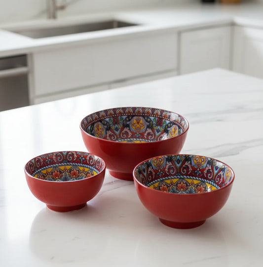 Moroccan Hand-Painted Ceramic Bowls – Red & Royal Blue