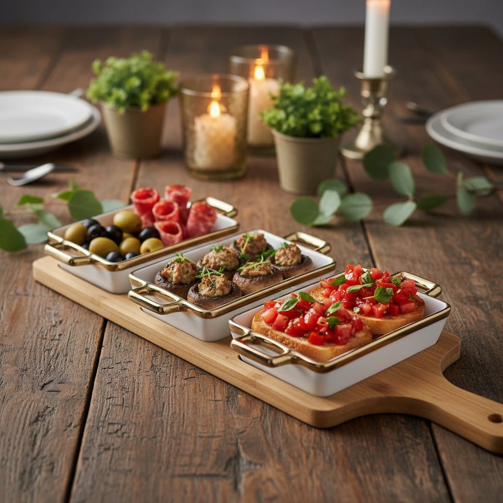 3-Piece Ceramic Serving Dish Set with Wooden Tray & Gold Trim Handles