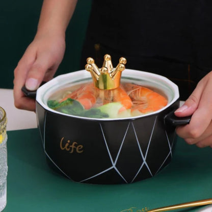 Crown Top Ceramic Noodle & Soup Bowl with Glass Lid – 1200ml