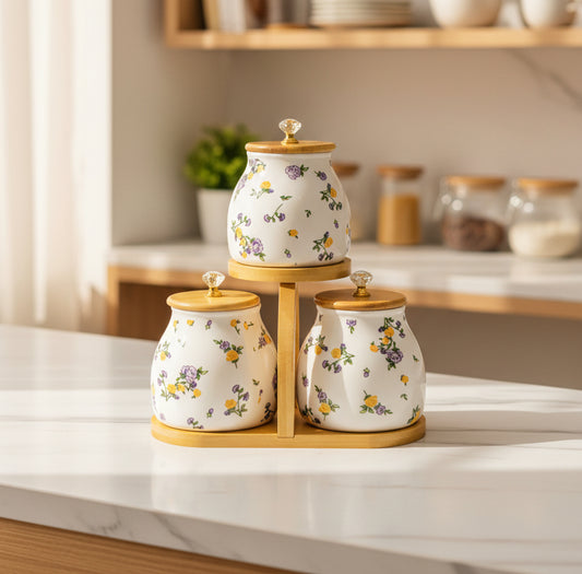 3-Piece Floral Kitchen Storage Jar Set with Wooden Stand & Crystal Lid Knobs