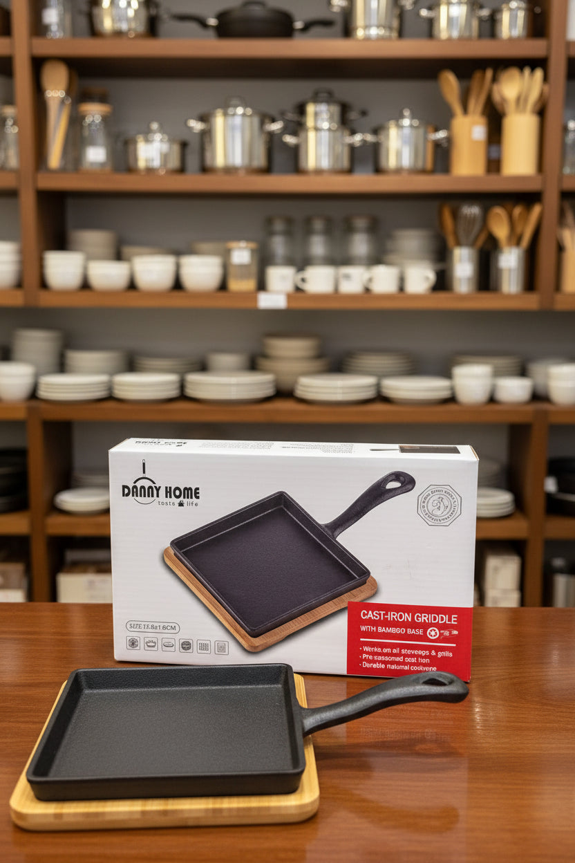 Danny Home Cast-Iron Square Griddle Skillet with Bamboo Base (13.8cm) - My Store