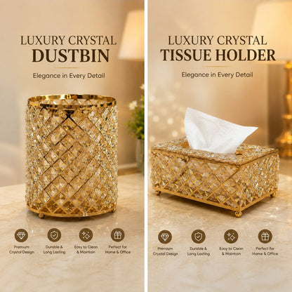 Luxury Golden Crystal Dustbin & Tissue Box Set | Elegant Home Décor