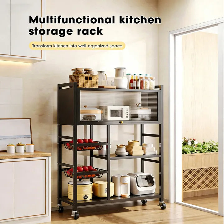 Multi-Functional Kitchen Storage Rack & Organizer Cart with Fluted Glass Cabinet