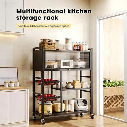 Multi-Functional Kitchen Storage Rack & Organizer Cart with Fluted Glass Cabinet