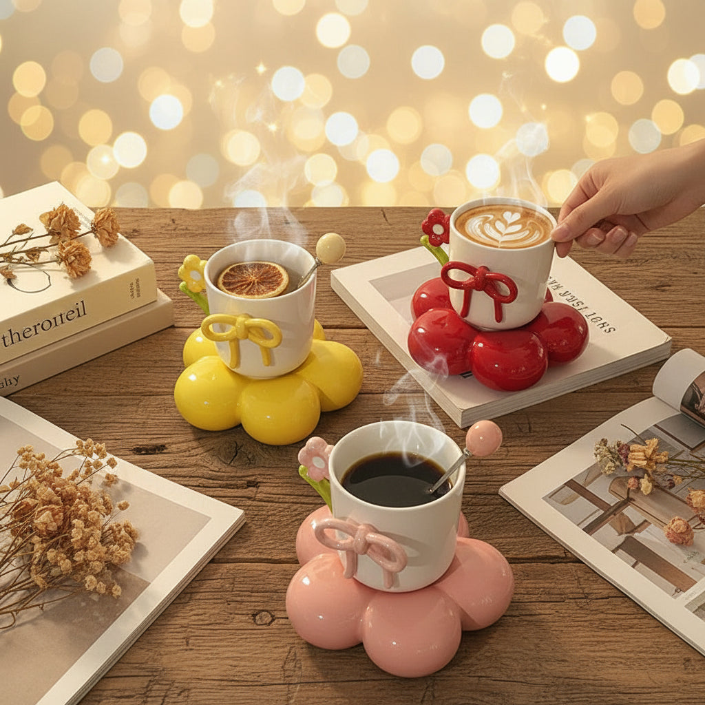 3D Flower & Bow Knot Ceramic Mug Set with Blossom Saucer & Spoon
