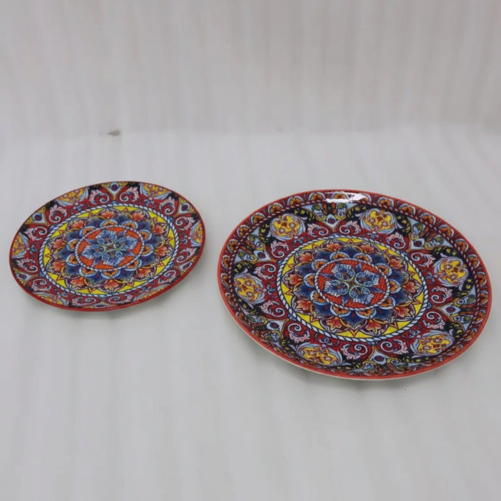 Crimson Red Hand-Painted Moroccan Ceramic Dinner & Quarter Plates