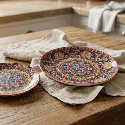 Crimson Red Hand-Painted Moroccan Ceramic Dinner & Quarter Plates