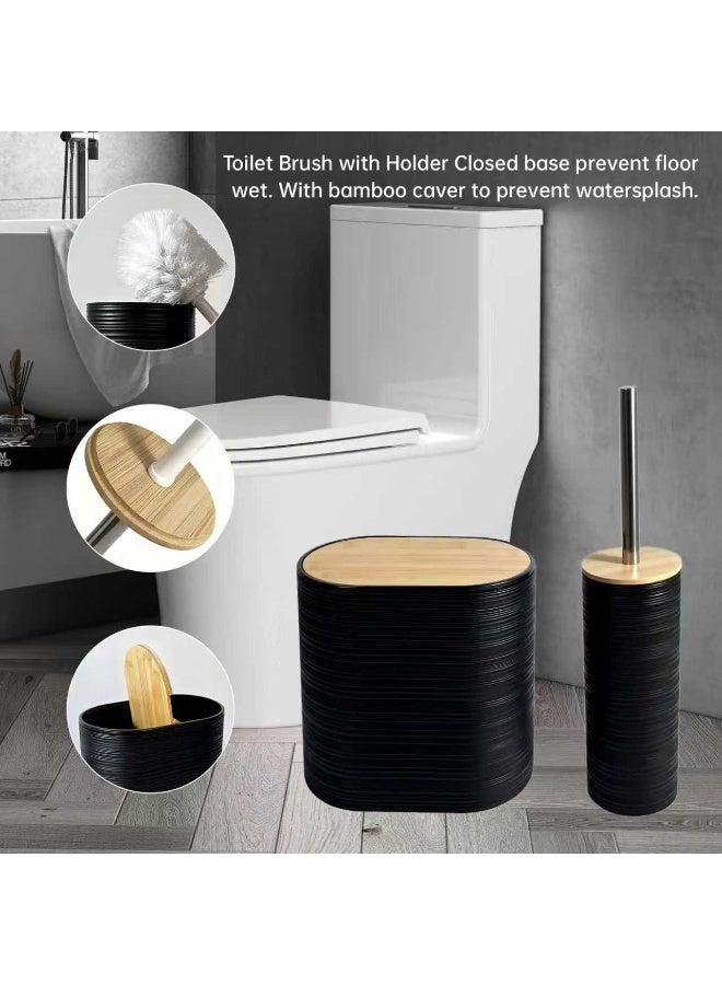 Modern 6-Piece Bathroom Accessories Set – Matte Black & Bamboo