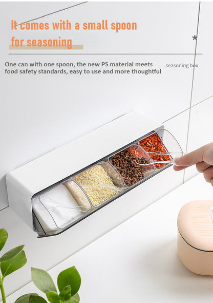 Wall-Mounted 4-Compartment Seasoning Box | No-Drill Kitchen Spice Organizer