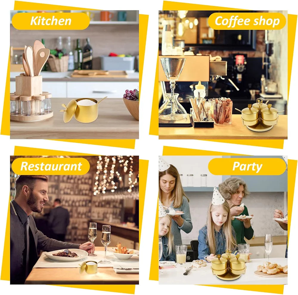 3 Pcs 304 Stainless Steel Sugar Container with Lid and Spoon, Gold Sugar Bowl Rotating Salt Jar Seasoning Can for Salt Spice Pepper